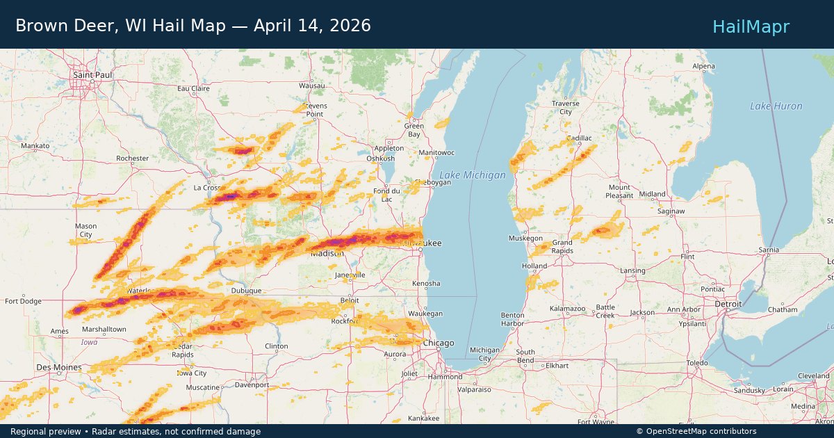 Brown Deer, WI Hail Map — April 14, 2026 — regional heatmap and storm polygons