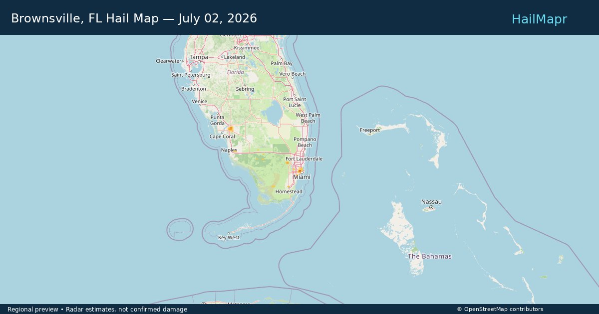 Brownsville, FL Hail Map — July 02, 2026 — regional heatmap and storm polygons