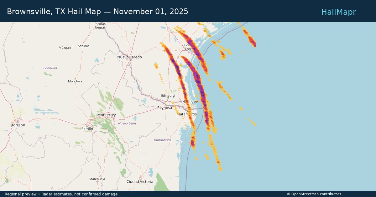 Brownsville, TX Hail Map — November 01, 2025 — regional heatmap and storm polygons