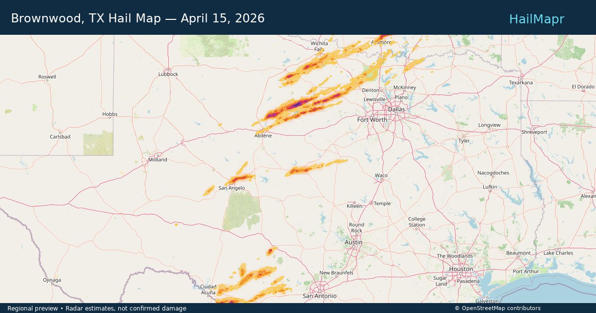 Brownwood, TX Hail Map — April 15, 2026 — regional heatmap and storm polygons