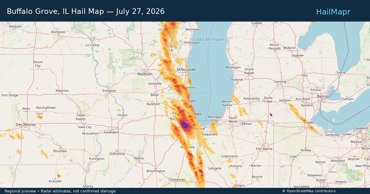 Buffalo Grove, IL Hail Map — July 27, 2026 — regional heatmap and storm polygons