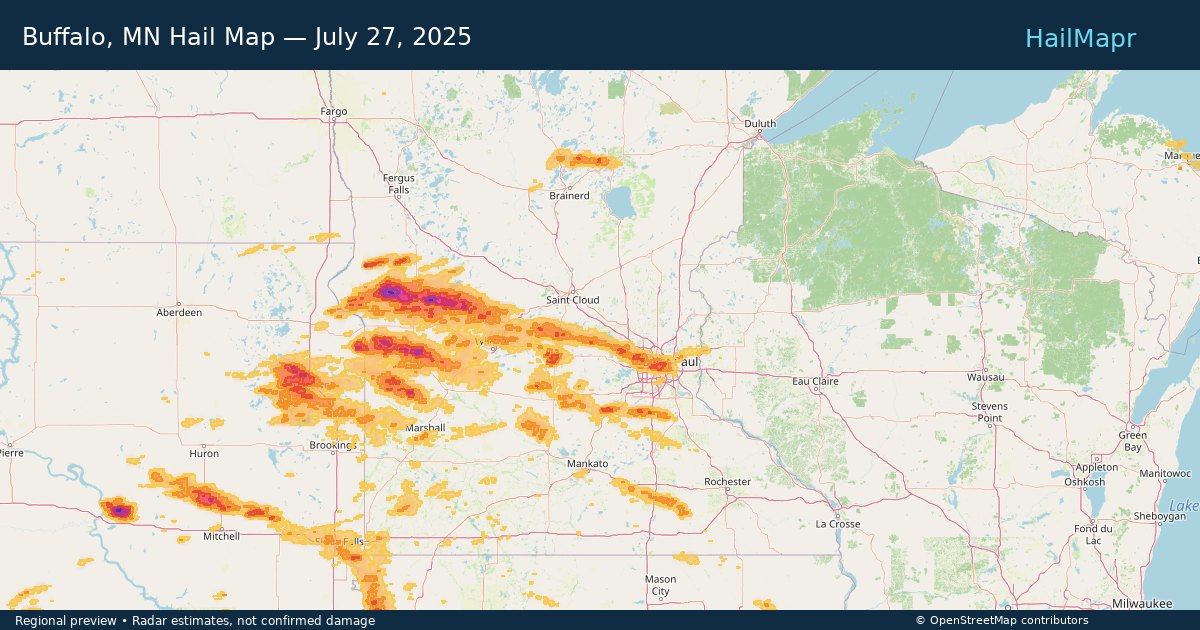 Buffalo, MN Hail Map — July 27, 2025 — regional heatmap and storm polygons