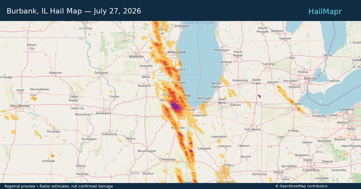 Burbank, IL Hail Map — July 27, 2026 — regional heatmap and storm polygons