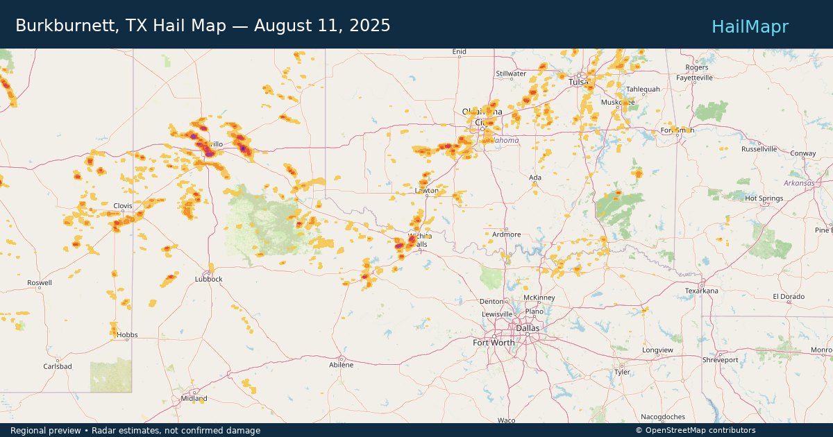 Burkburnett, TX Hail Map — August 11, 2025 — regional heatmap and storm polygons