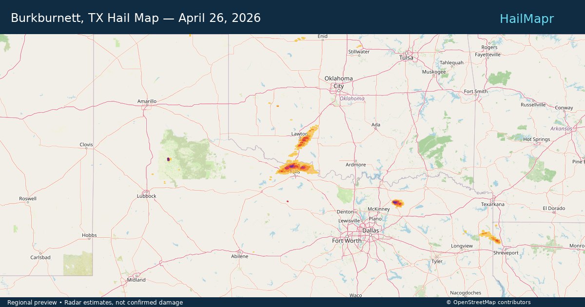Burkburnett, TX Hail Map — April 26, 2026 — regional heatmap and storm polygons