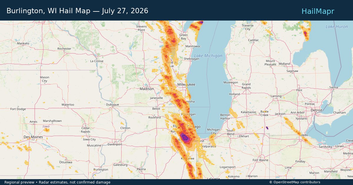 Burlington, WI Hail Map — July 27, 2026 — regional heatmap and storm polygons
