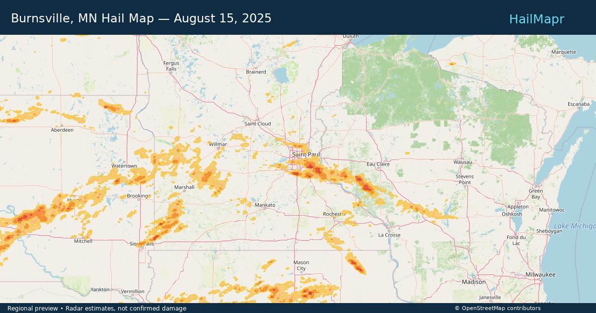 Burnsville, MN Hail Map — August 15, 2025 — regional heatmap and storm polygons
