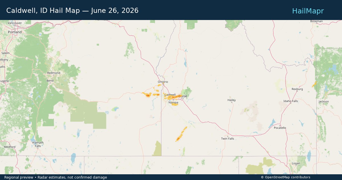 Caldwell, ID — June 26, 2026 — regional hail footprint preview