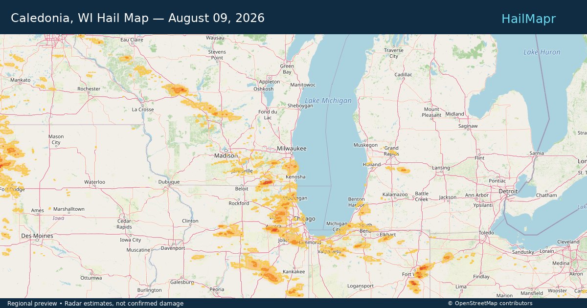 Caledonia, WI Hail Map — August 09, 2026 — regional heatmap and storm polygons