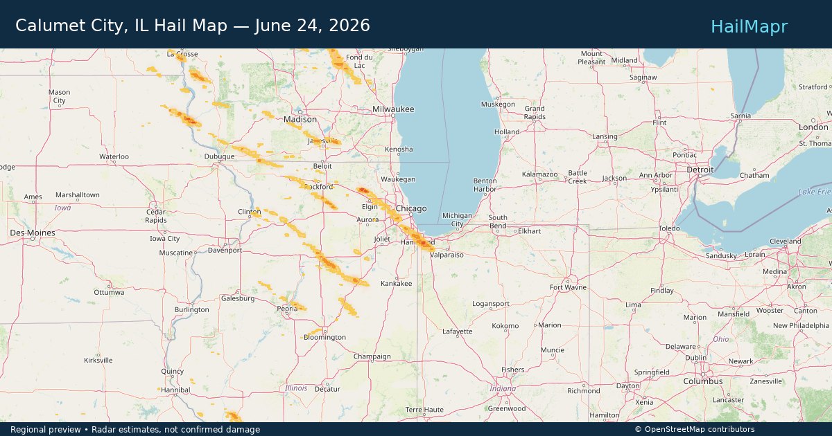Calumet City, IL Hail Map — June 24, 2026 — regional heatmap and storm polygons
