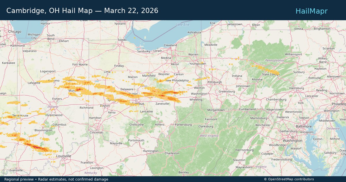 Cambridge, OH Hail Map — March 22, 2026 — regional heatmap and storm polygons