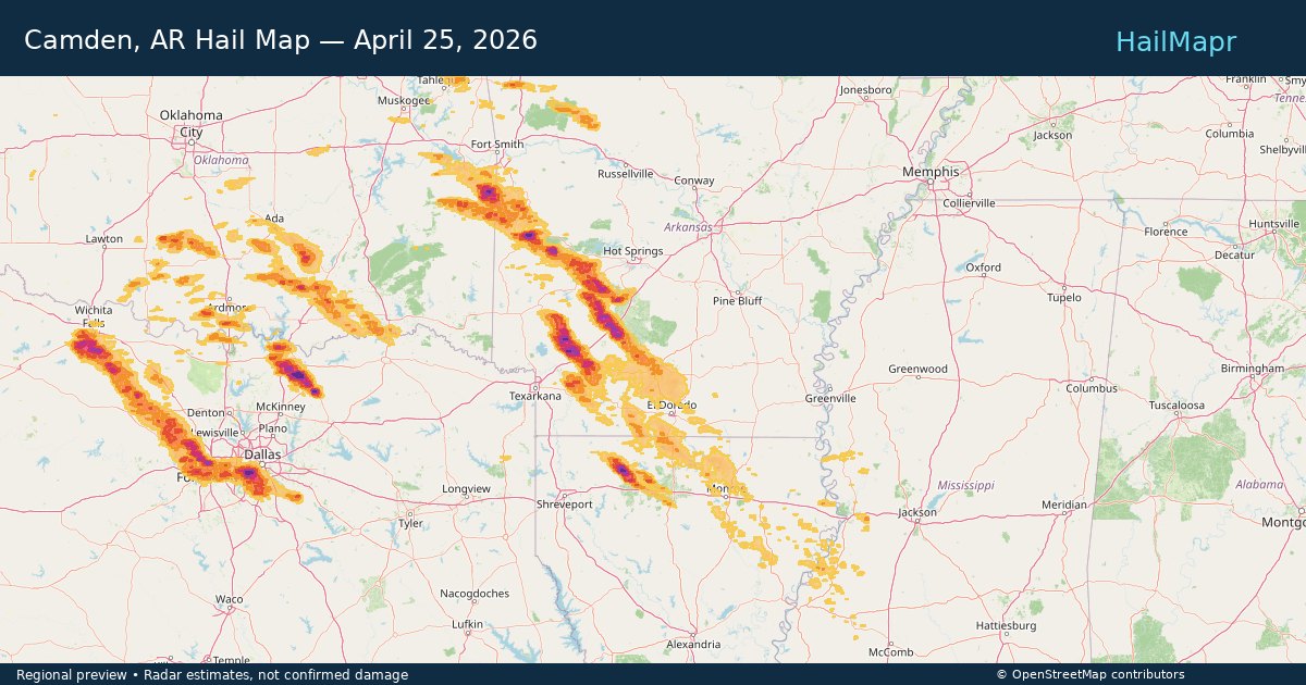 Camden, AR Hail Map — April 25, 2026 — regional heatmap and storm polygons