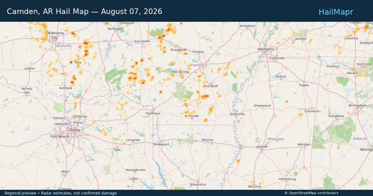 Camden, AR Hail Map — August 07, 2026 — regional heatmap and storm polygons