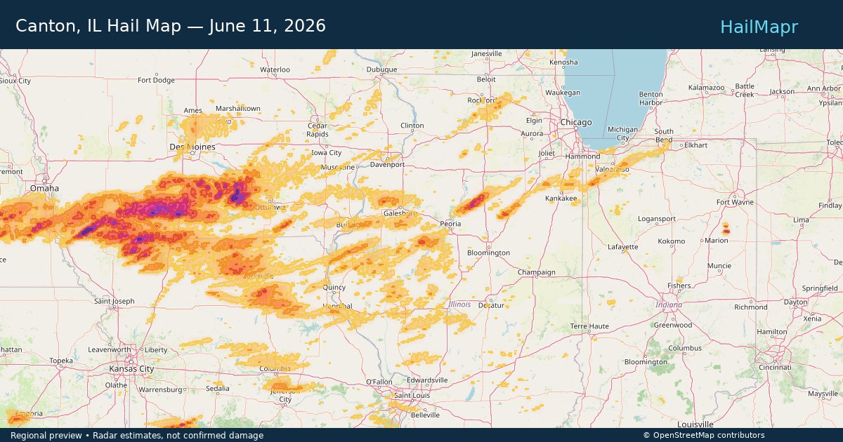 Canton, IL Hail Map — June 11, 2026 — regional heatmap and storm polygons