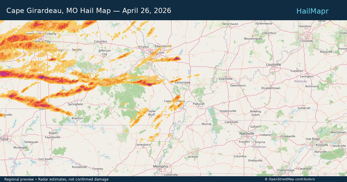 Cape Girardeau, MO Hail Map — April 26, 2026 — regional heatmap and storm polygons