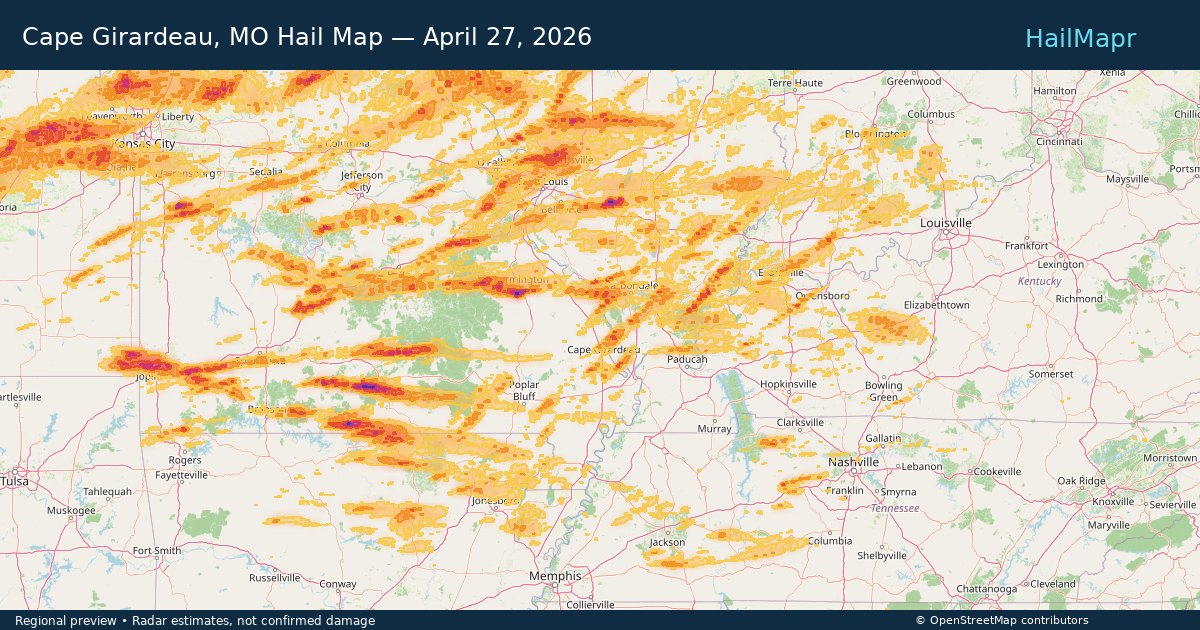 Cape Girardeau, MO Hail Map — April 27, 2026 — regional heatmap and storm polygons