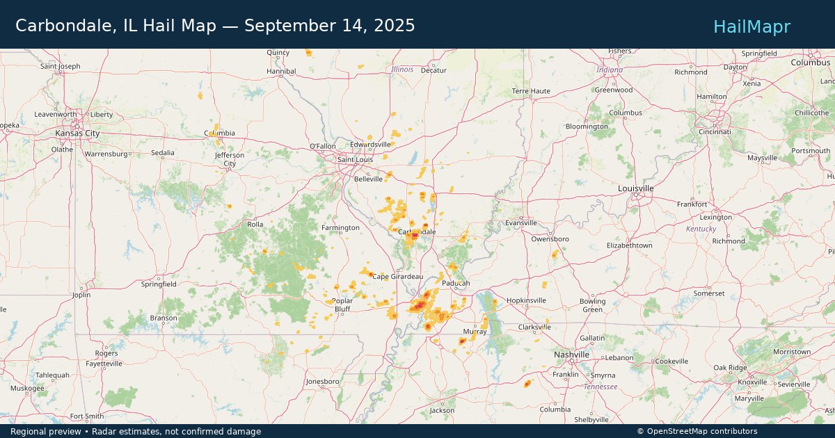 Carbondale, IL Hail Map — September 14, 2025 — regional heatmap and storm polygons