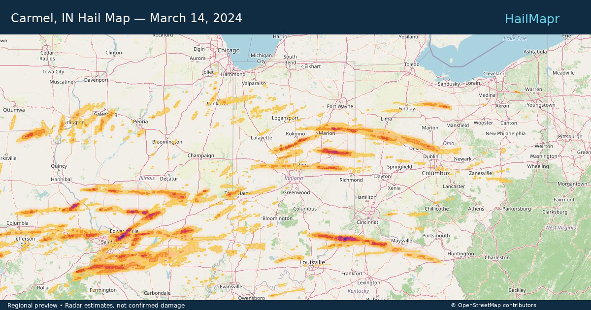 Carmel, IN Hail Map — March 14, 2024 — regional heatmap and storm polygons