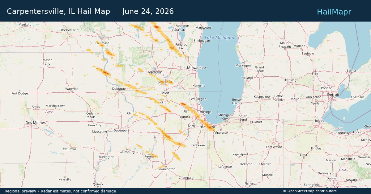 Carpentersville, IL Hail Map — June 24, 2026 — regional heatmap and storm polygons