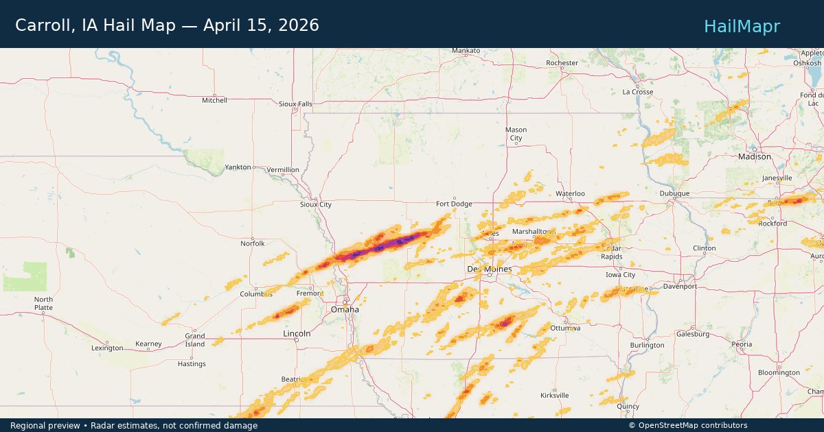 Carroll, IA — April 15, 2026 — regional hail footprint preview