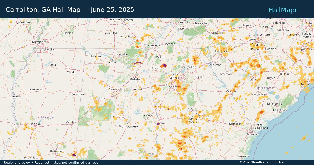 Carrollton, GA Hail Map — June 25, 2025 — regional heatmap and storm polygons