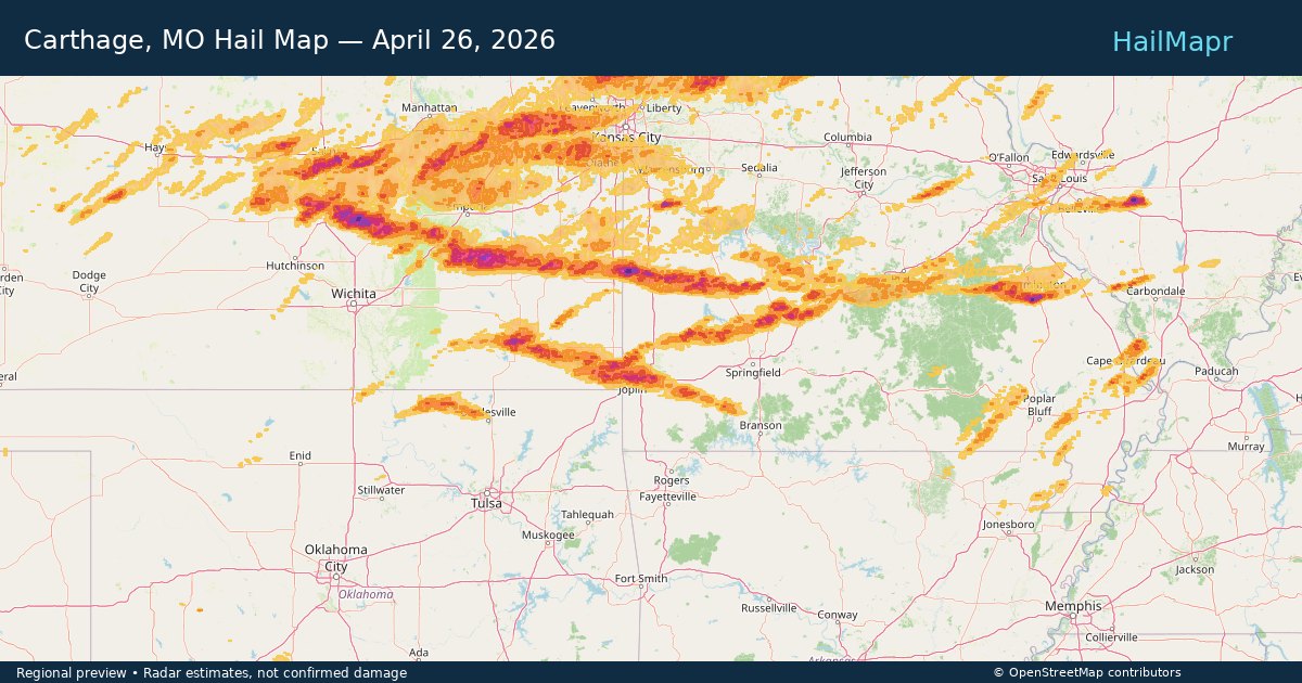 Carthage, MO Hail Map — April 26, 2026 — regional heatmap and storm polygons