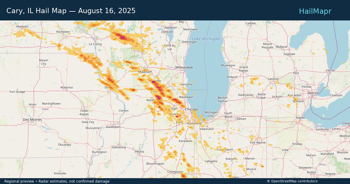 Cary, IL Hail Map — August 16, 2025 — regional heatmap and storm polygons