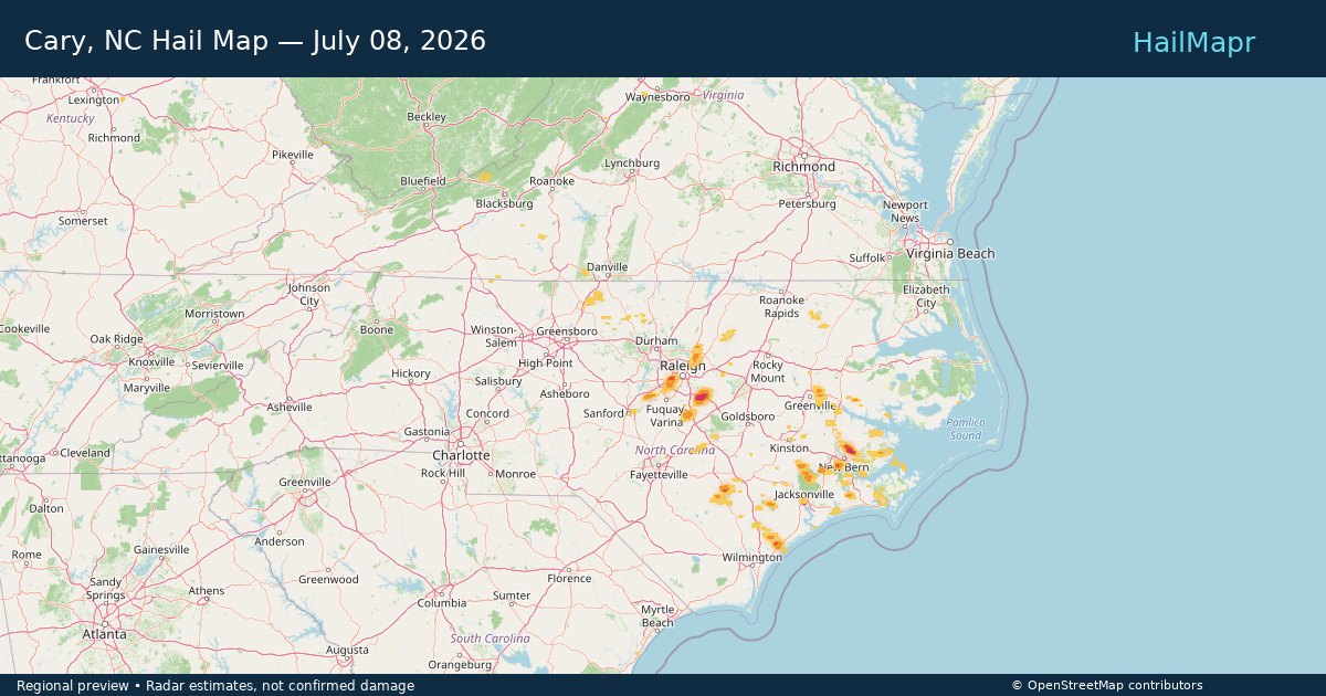 Cary, NC Hail Map — July 08, 2026 — regional heatmap and storm polygons