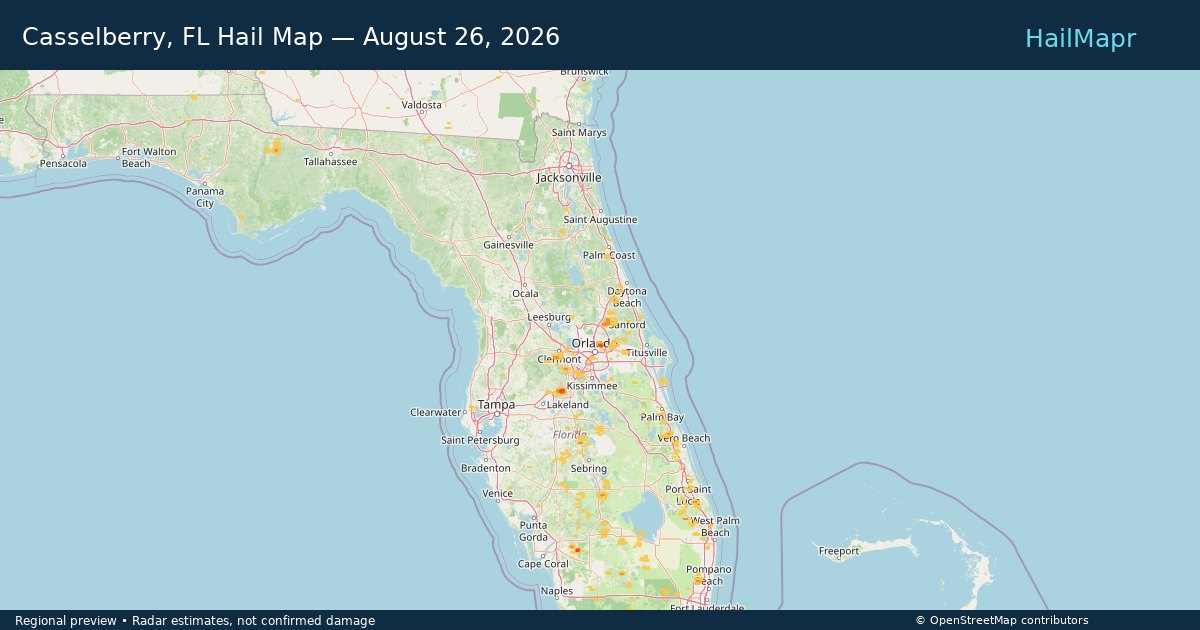 Casselberry, FL Hail Map — August 26, 2026 — regional heatmap and storm polygons