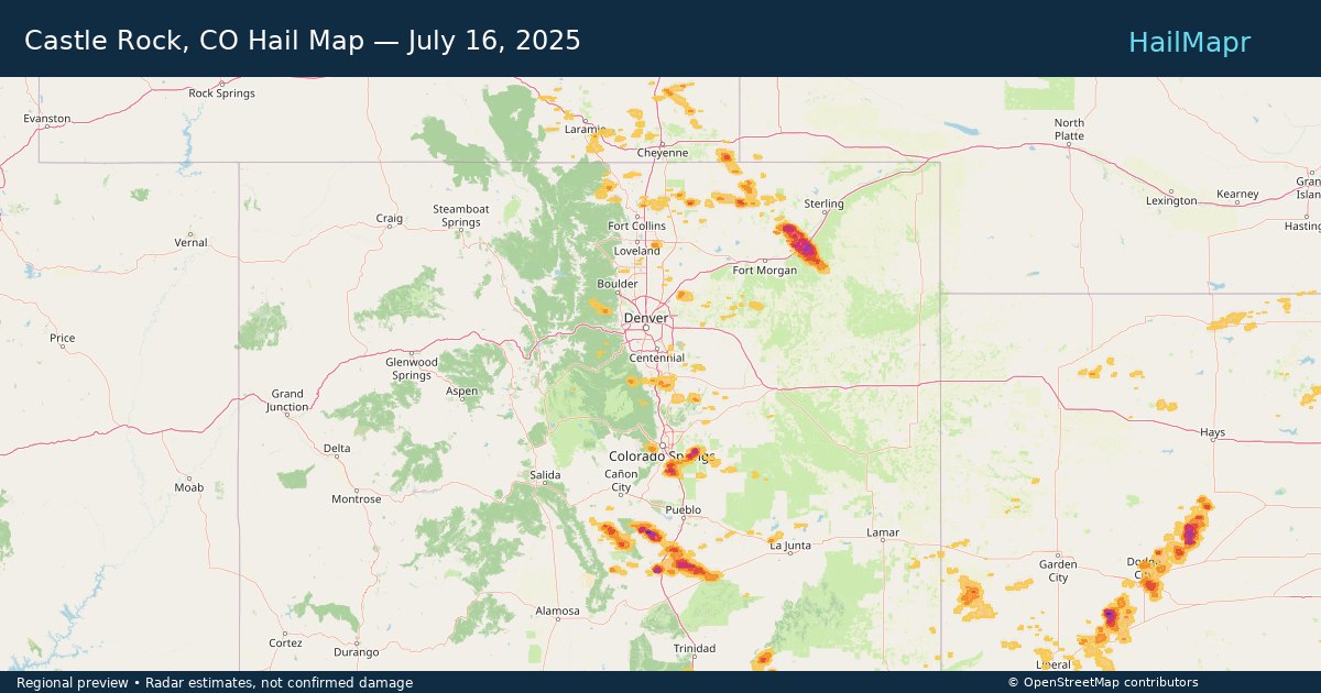 Castle Rock, CO Hail Map — July 16, 2025 — regional heatmap and storm polygons