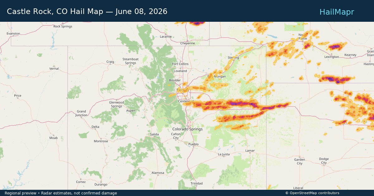 Castle Rock, CO Hail Map — June 08, 2026 — regional heatmap and storm polygons