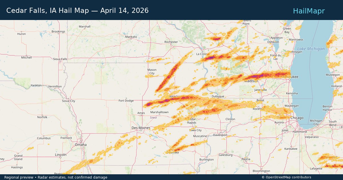 Cedar Falls, IA — April 14, 2026 — regional hail footprint preview