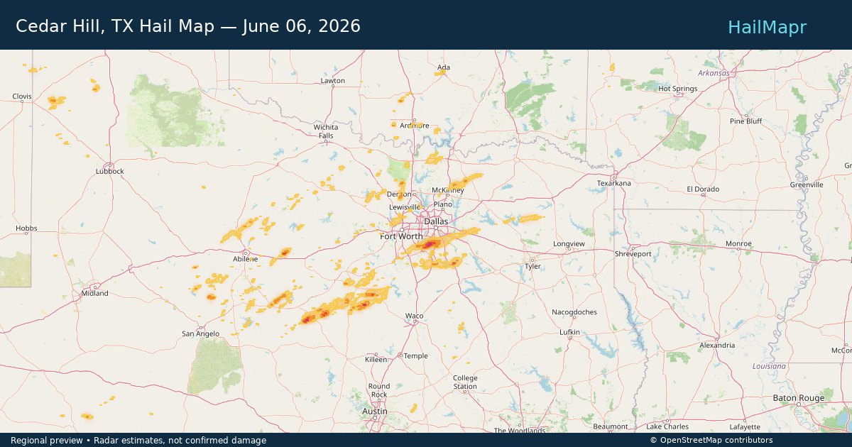 Cedar Hill, TX Hail Map — June 06, 2026 — regional heatmap and storm polygons