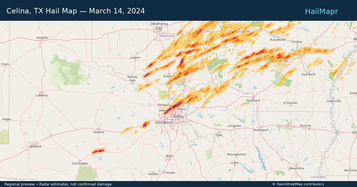 Celina, TX Hail Map — March 14, 2024 — regional heatmap and storm polygons