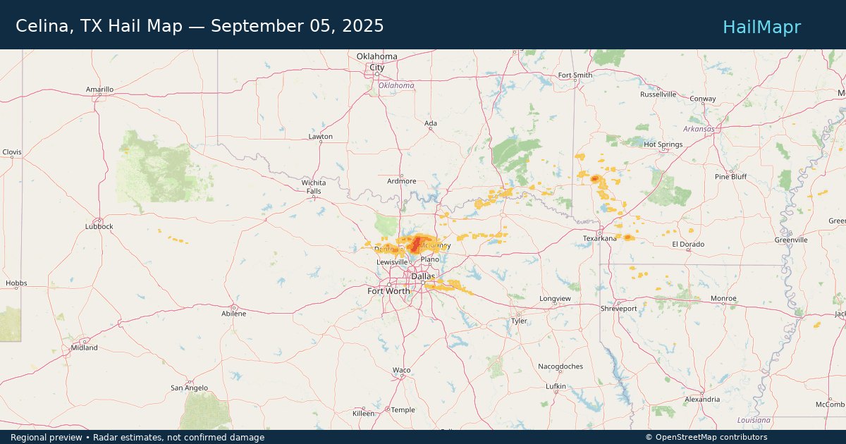 Celina, TX Hail Map — September 05, 2025 — regional heatmap and storm polygons