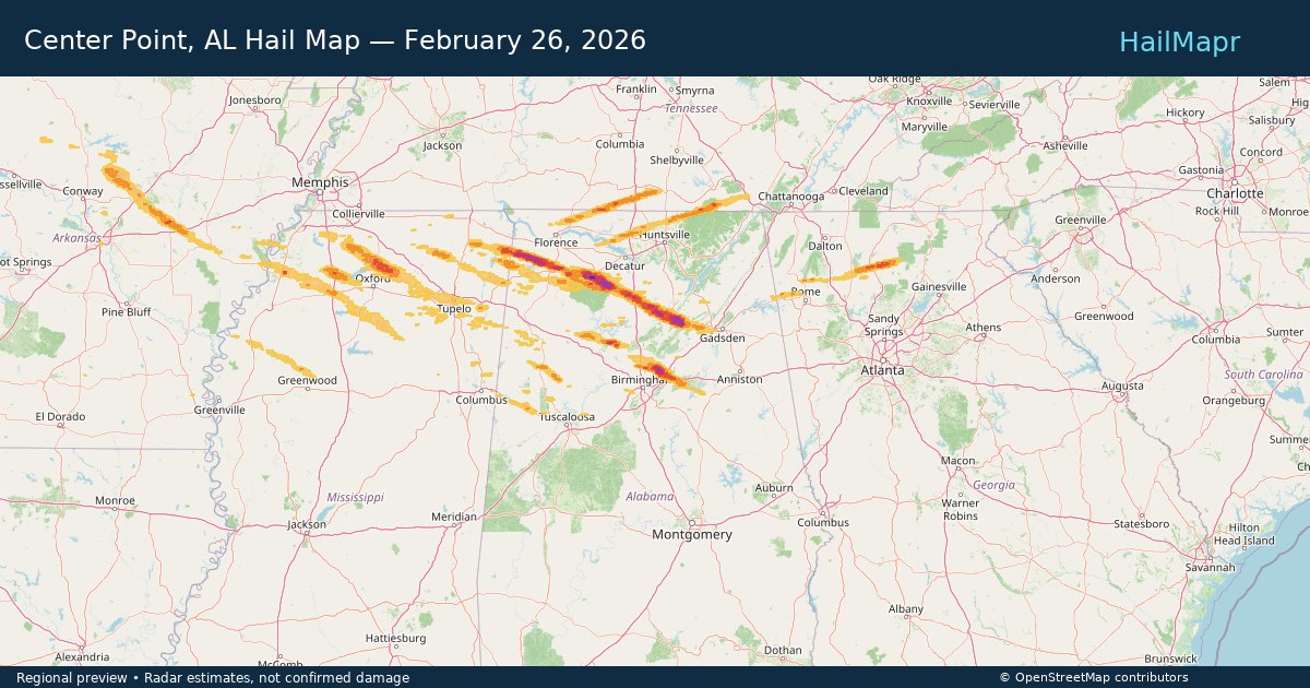Center Point, AL Hail Map — February 26, 2026 — regional heatmap and storm polygons