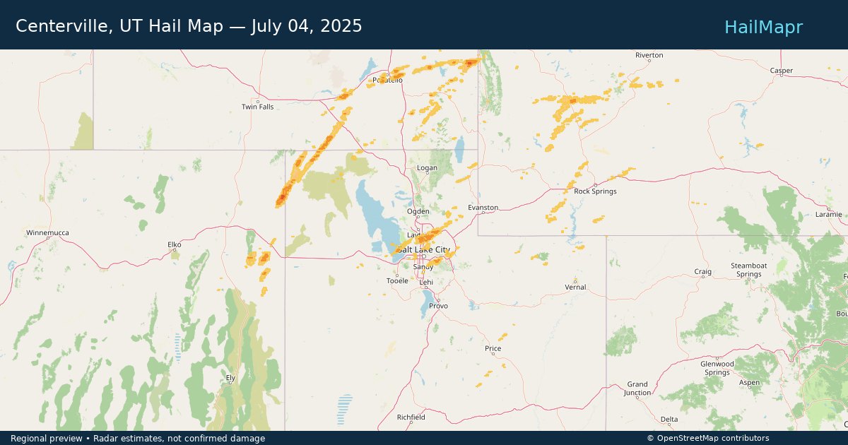 Centerville, UT Hail Map — July 04, 2025 — regional heatmap and storm polygons