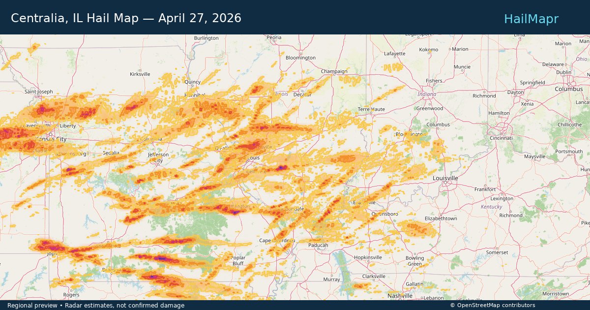 Centralia, IL Hail Map — April 27, 2026 — regional heatmap and storm polygons