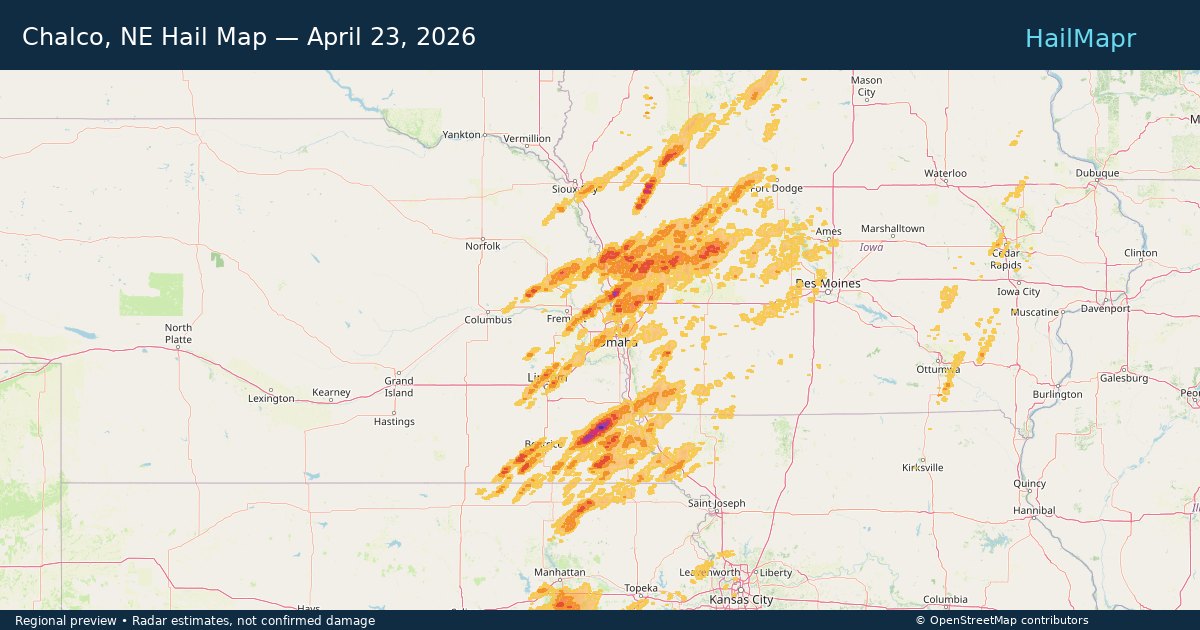 Chalco, NE Hail Map — April 23, 2026 — regional heatmap and storm polygons