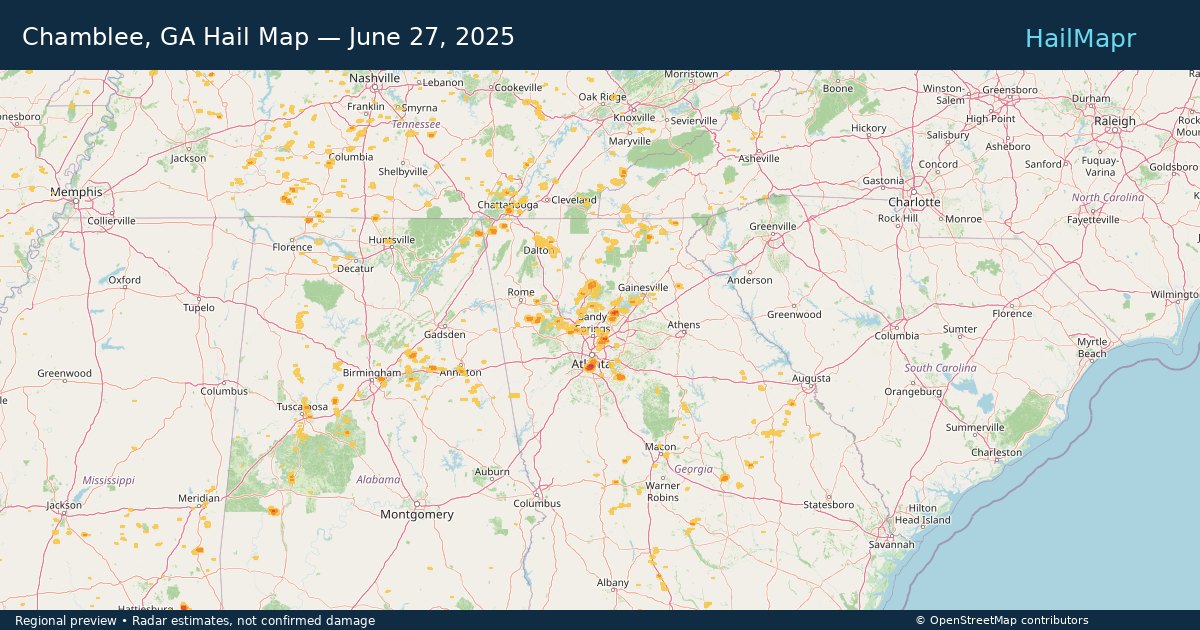 Chamblee, GA Hail Map — June 27, 2025 — regional heatmap and storm polygons