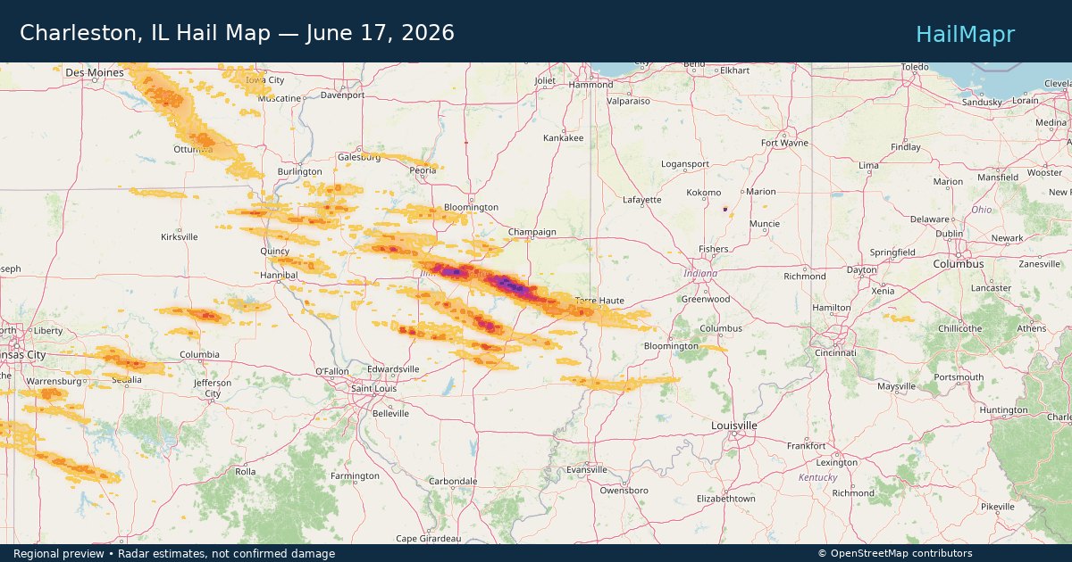 Charleston, IL — June 17, 2026 — regional hail footprint preview