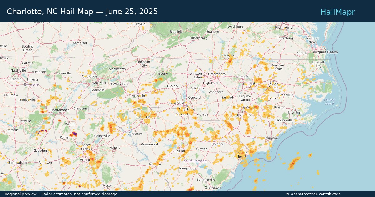 Charlotte, NC Hail Map — June 25, 2025 — regional heatmap and storm polygons