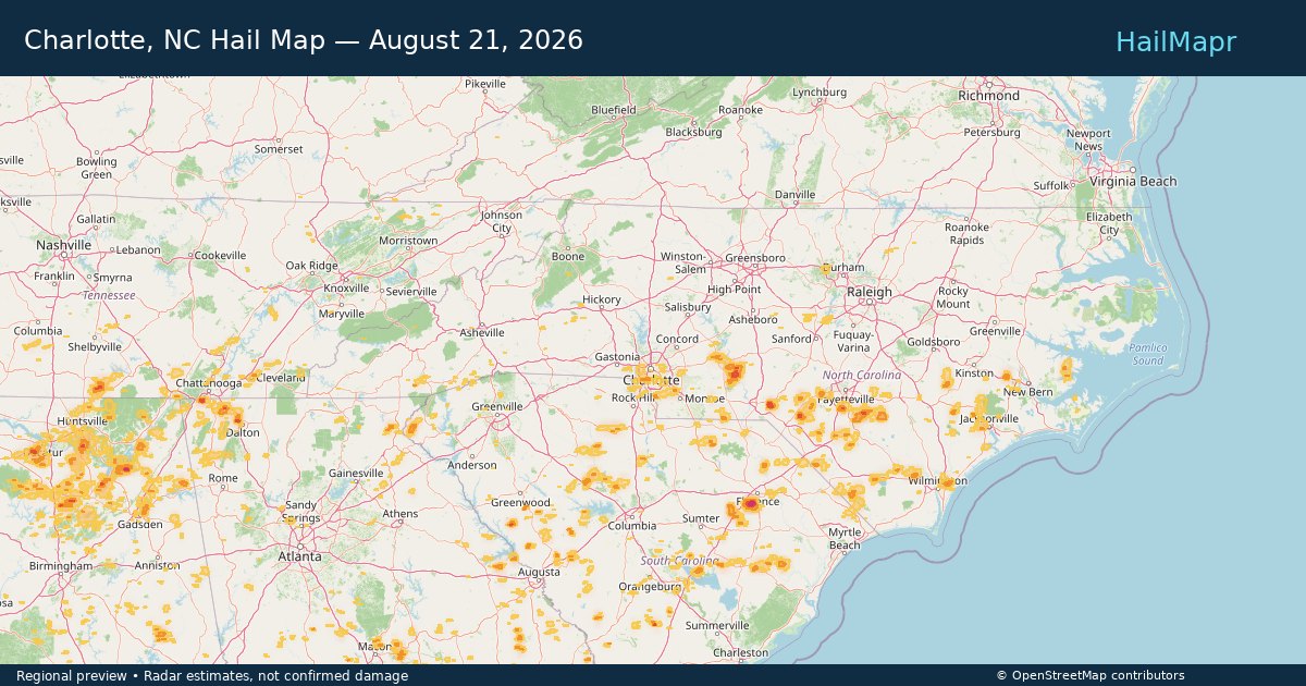 Charlotte, NC Hail Map — August 21, 2026 — regional heatmap and storm polygons