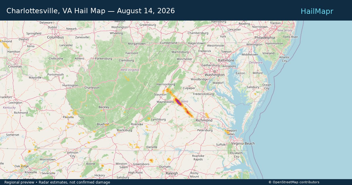 Charlottesville, VA Hail Map — August 14, 2026 — regional heatmap and storm polygons