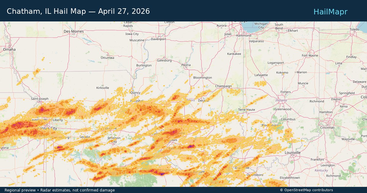 Chatham, IL Hail Map — April 27, 2026 — regional heatmap and storm polygons