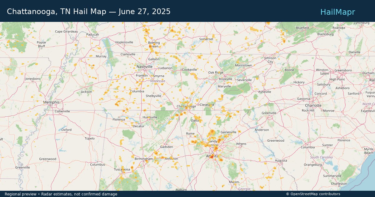 Chattanooga, TN Hail Map — June 27, 2025 — regional heatmap and storm polygons