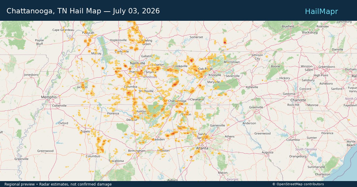 Chattanooga, TN Hail Map — July 03, 2026 — regional heatmap and storm polygons