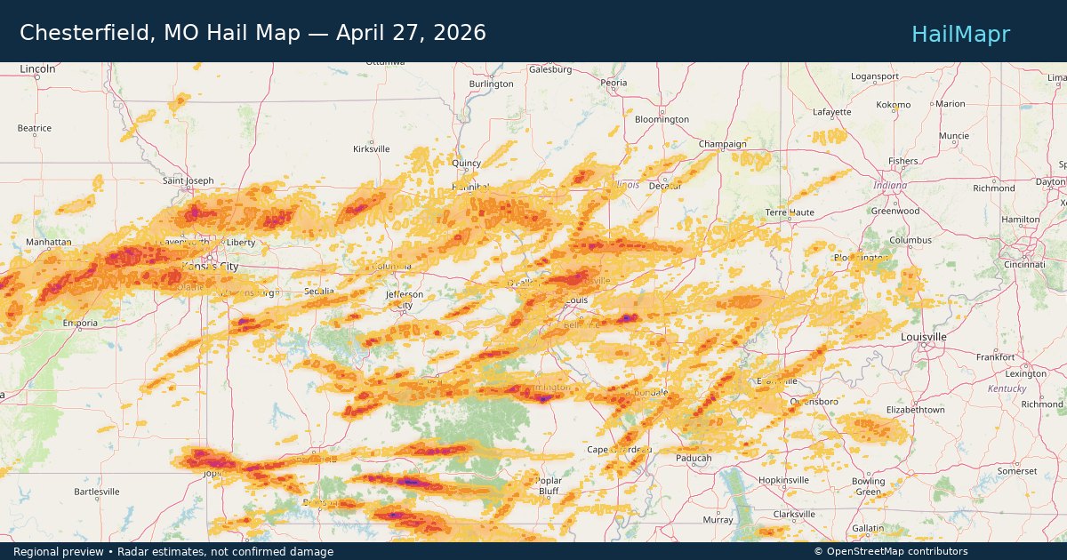 Chesterfield, MO Hail Map — April 27, 2026 — regional heatmap and storm polygons