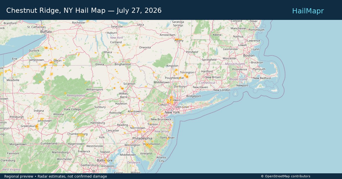 Chestnut Ridge, NY Hail Map — July 27, 2026 — regional heatmap and storm polygons