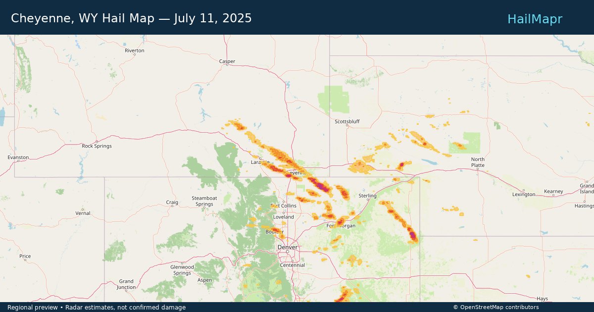 Cheyenne, WY Hail Map — July 11, 2025 — regional heatmap and storm polygons